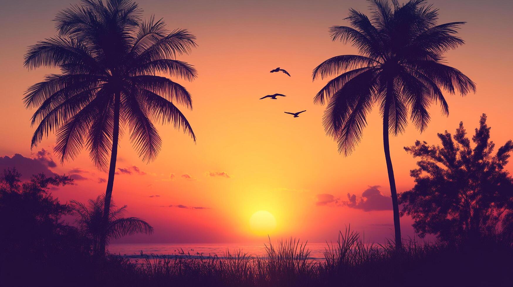 Tropical sunset with palm trees silhouetted against a vibrant orange and yellow sky as birds fly overhead, creating a serene beach paradise. photo