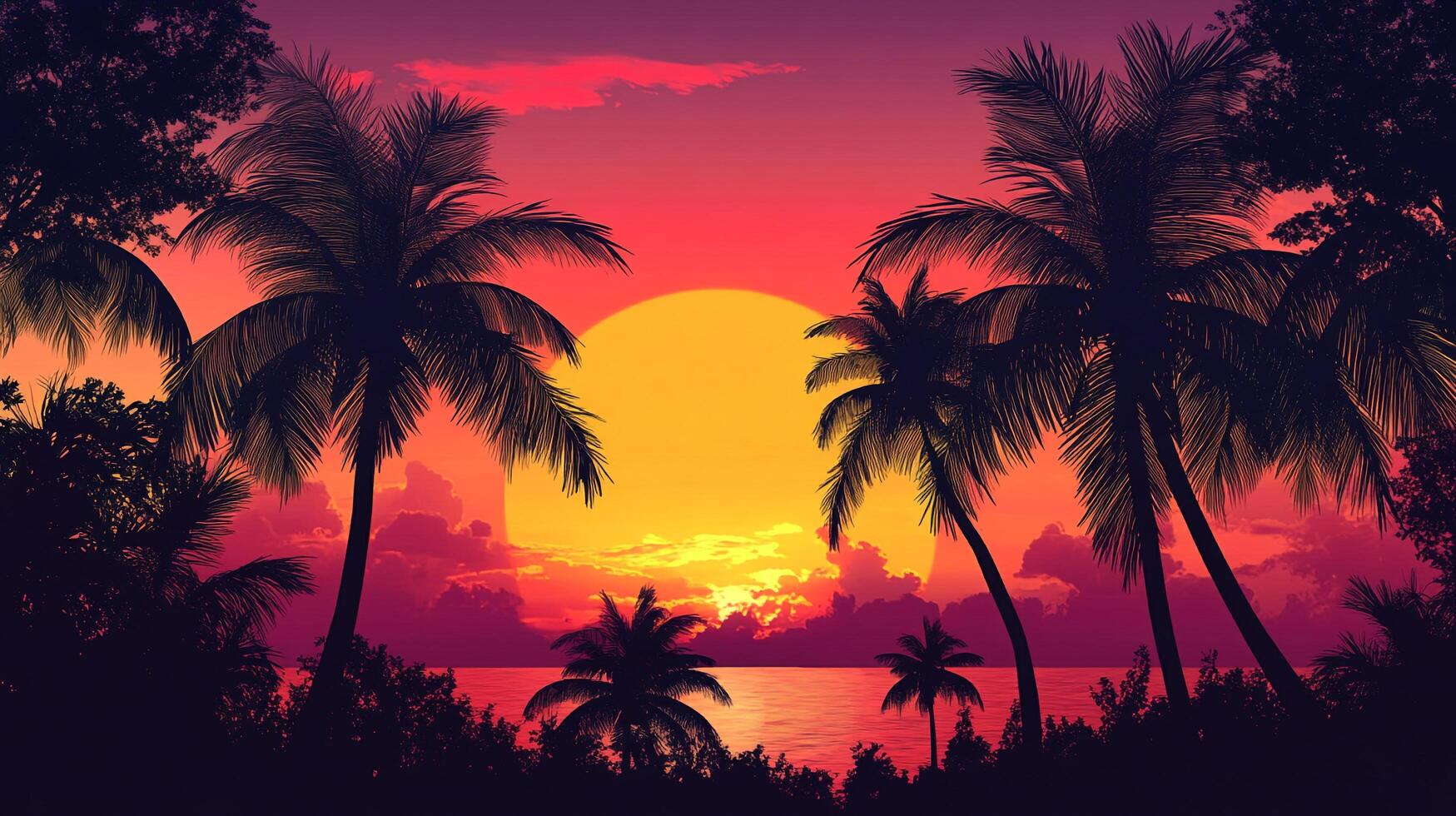Tropical sunset silhouette, palm trees against vibrant sky and ocean, serene beach scene. Golden sun reflects off the water's gentle surface. photo
