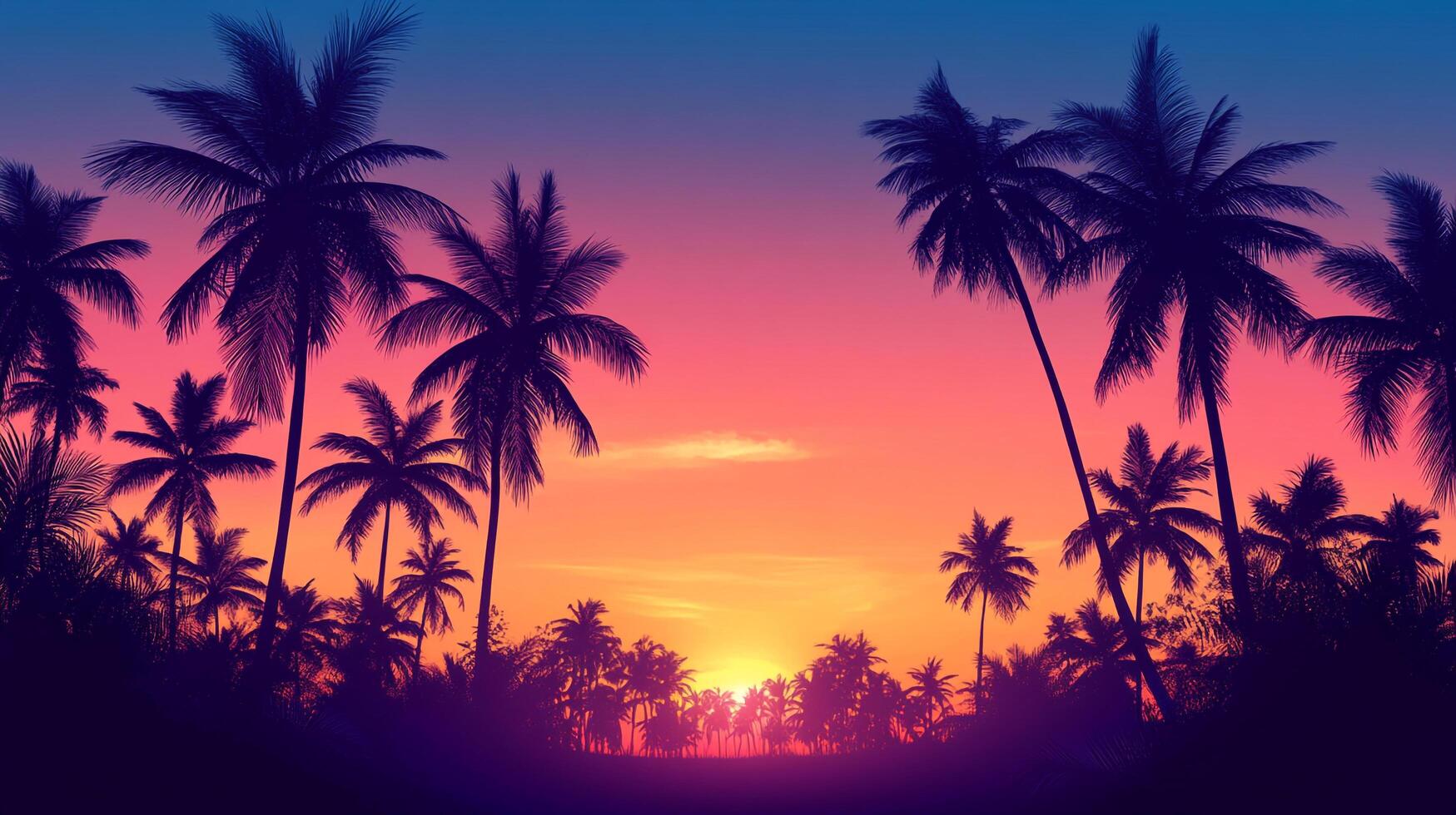 Tropical sunset silhouettes of palm trees against a vibrant gradient sky of orange, pink, and blue, evoking a sense of serenity and escape. photo
