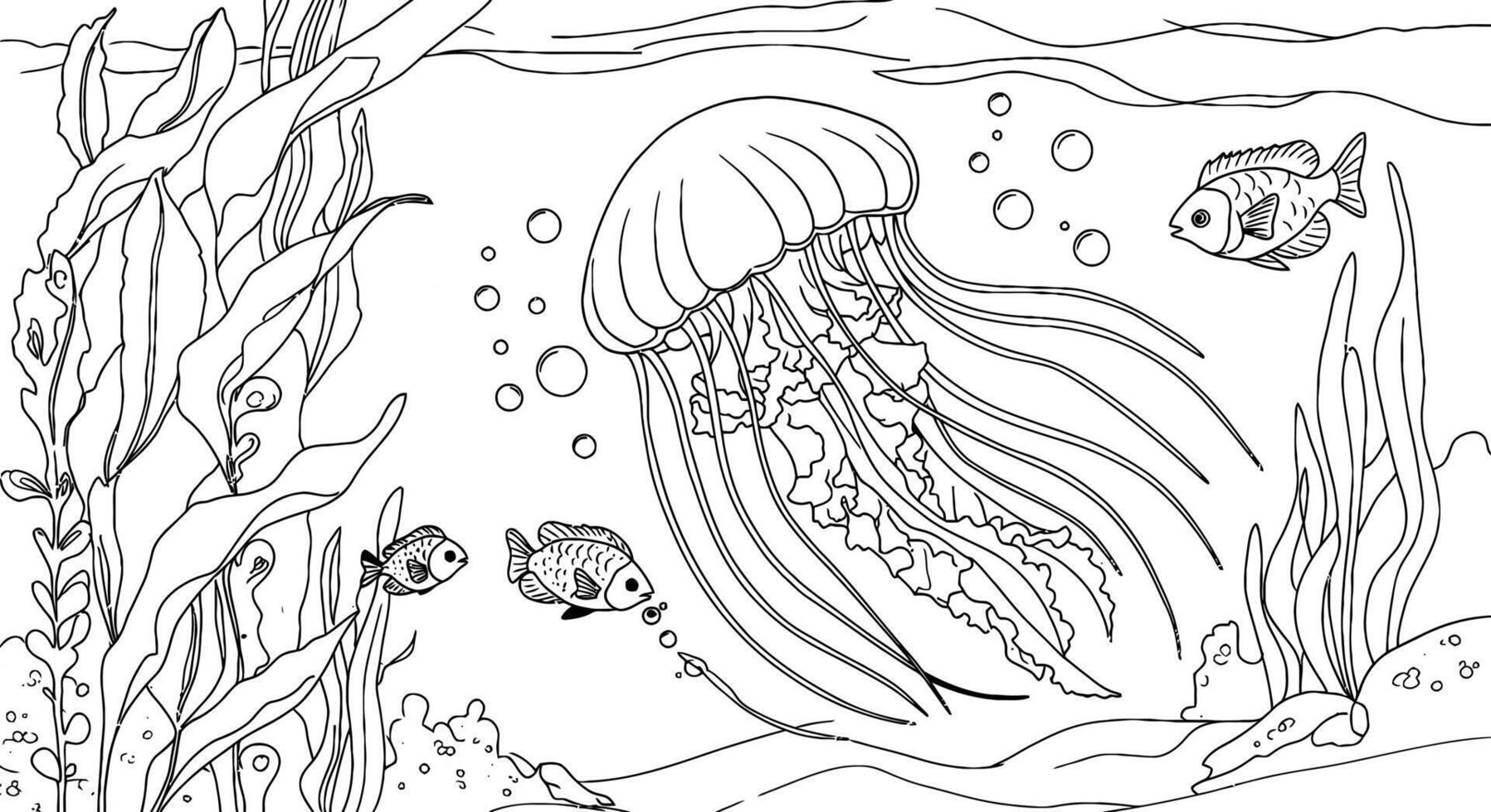 A jellyfish and under sea creatures coloring page vector