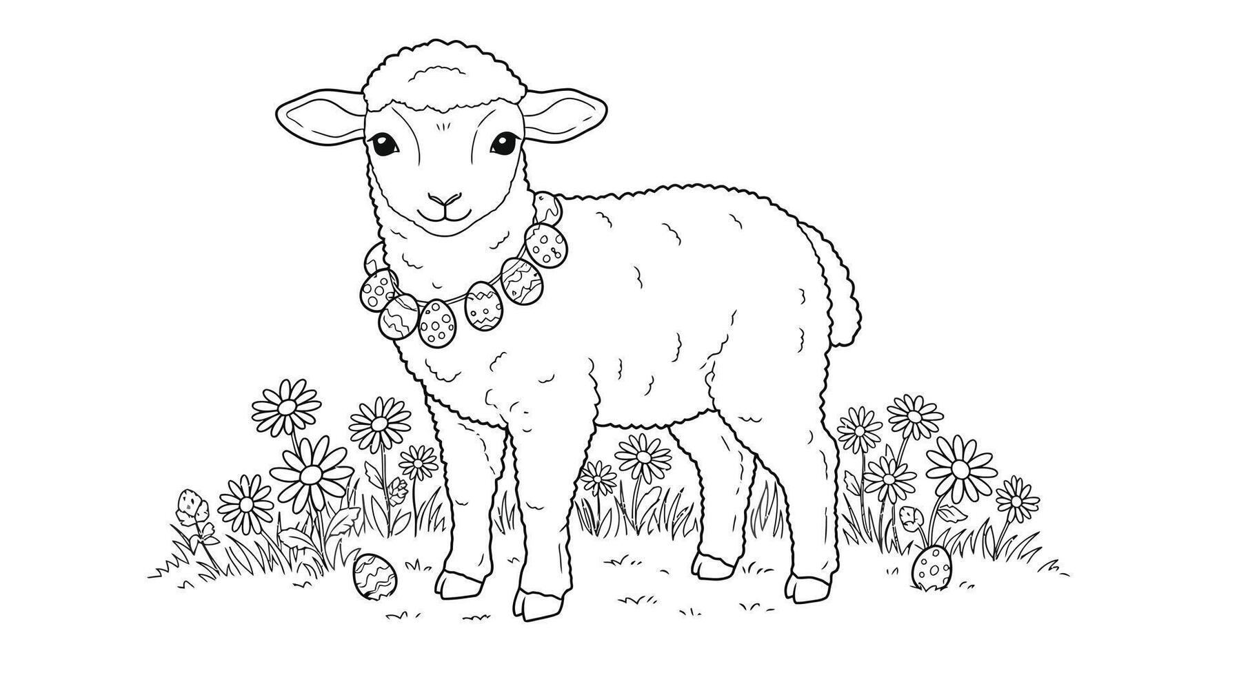 A coloring page with a lamb in the grass vector