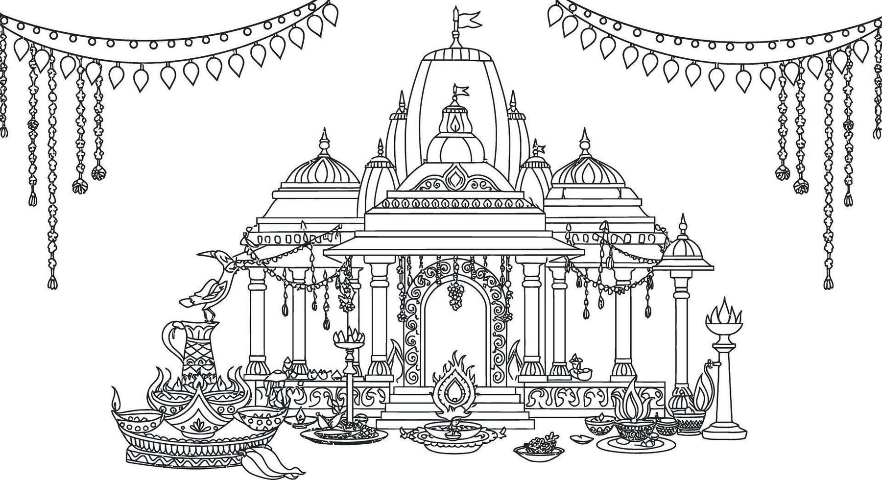 A drawing of a temple with decorations vector