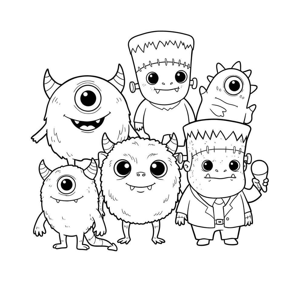 A group of monsters and a man in a suit coloring page vector