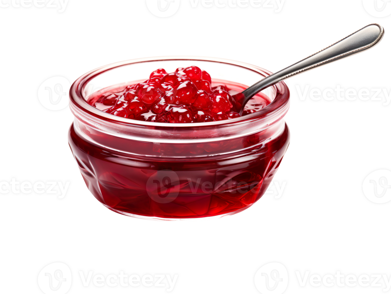 glass bowl and spoon of red berry jam isolated on transparent background png