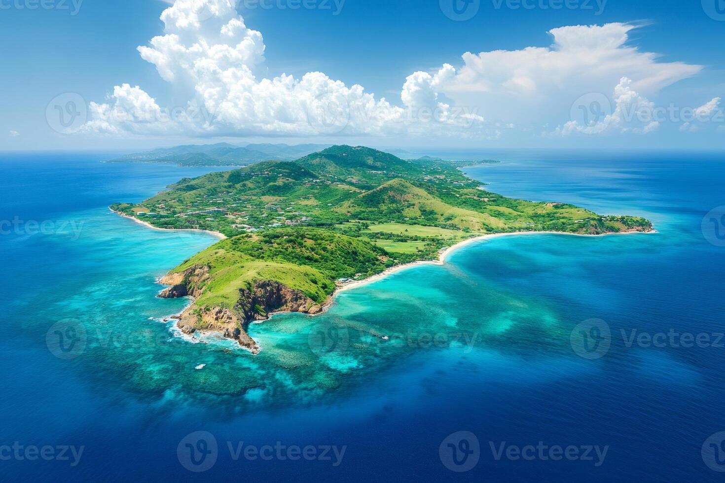 Aerial view of lush green tropical island surrounded by turquoise water and coral reef photo