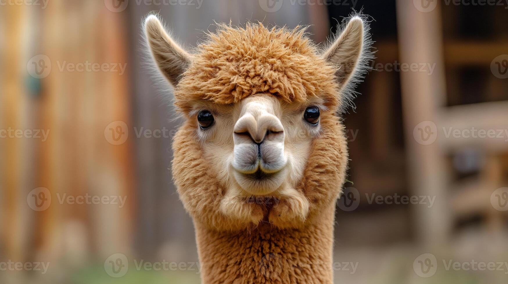 Fluffy alpaca looking at viewer with funny expression in farm photo