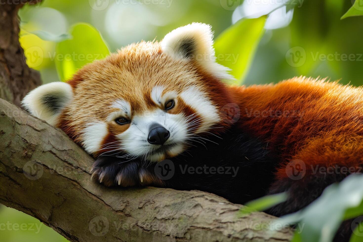 Red panda resting on a tree branch enjoying the sunlight photo