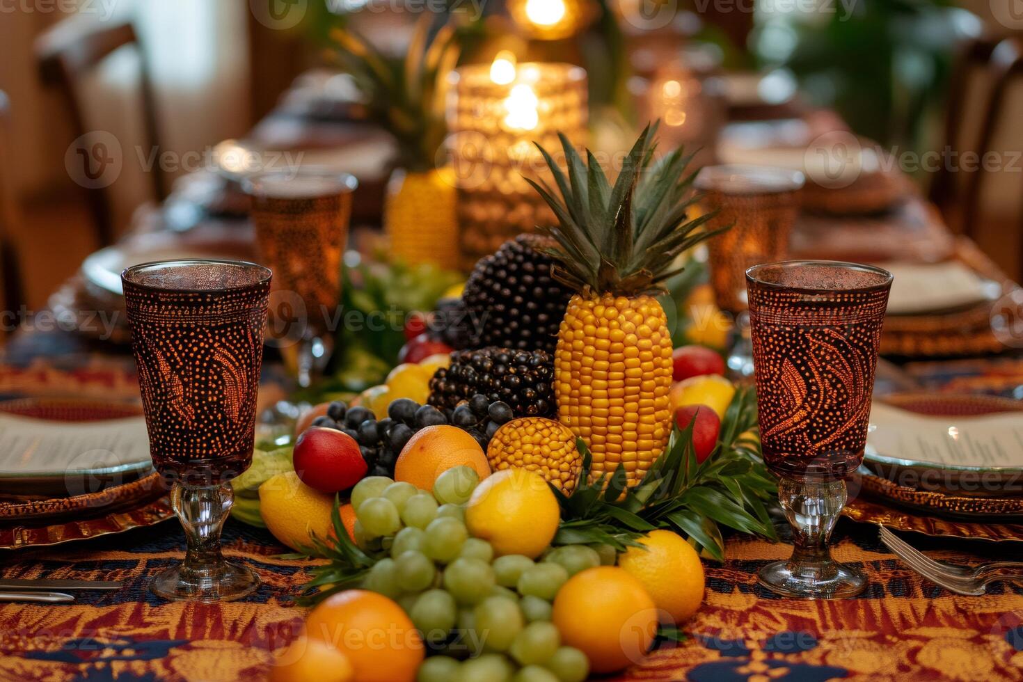Festive table setting showcasing colorful fruits and elegant glassware photo