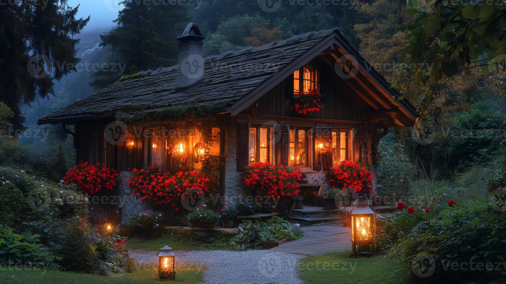 Cozy wooden mountain cabin glowing at dusk with red flowers and lanterns photo