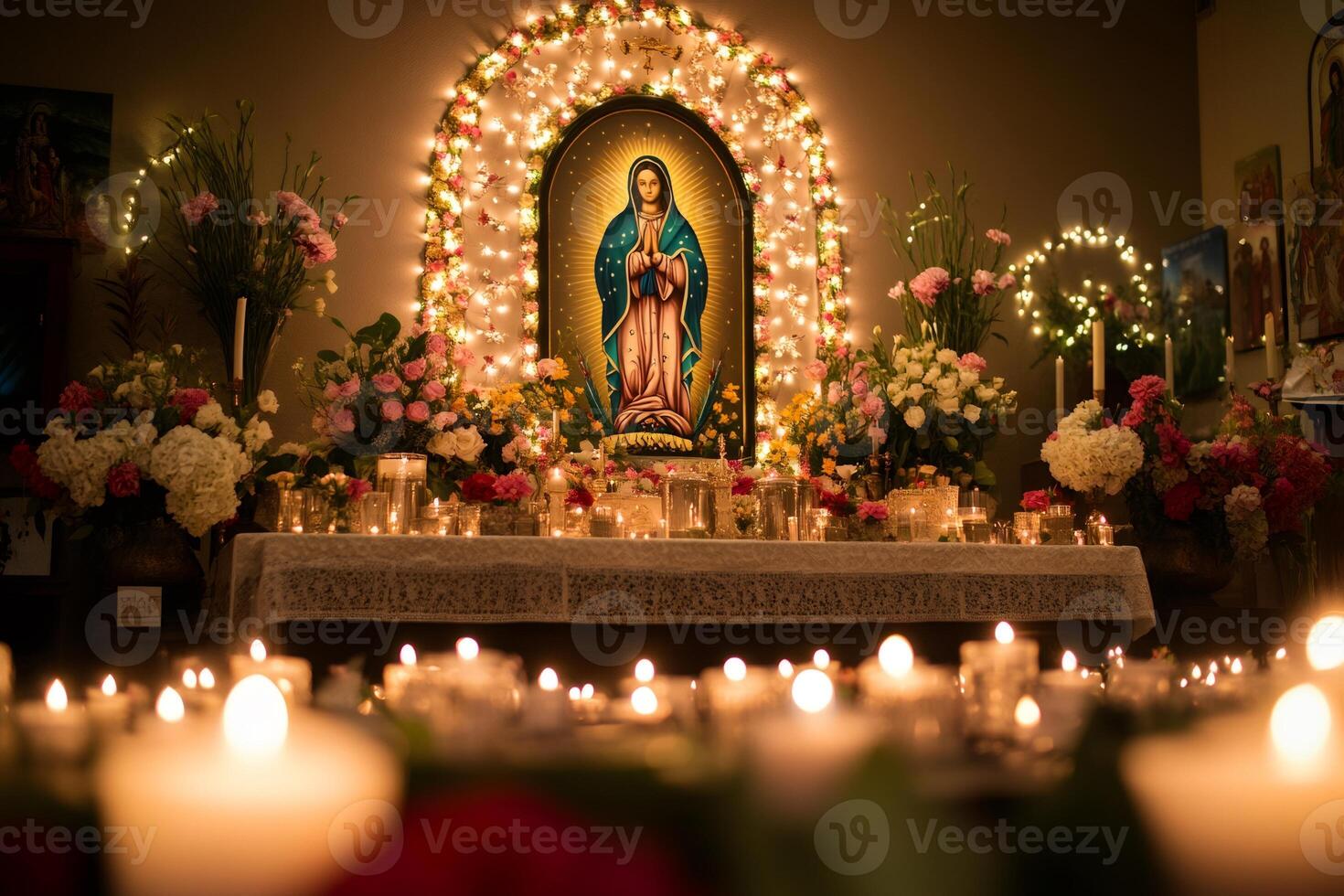 Painting of Virgin Mary illuminated by candles and surrounded by flowers in a church photo