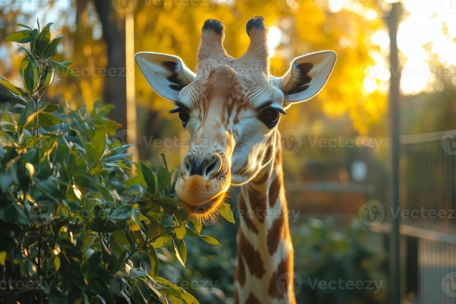 Giraffe eating leaves in a park during golden hour sunset photo