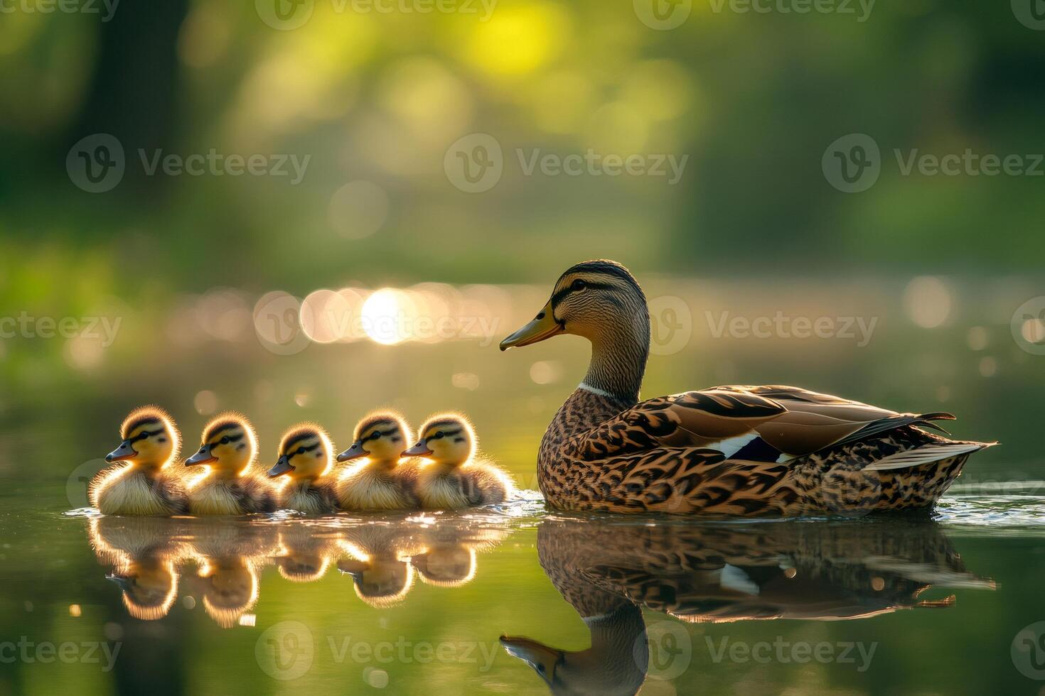Mother duck swimming with its ducklings at sunset in a pond photo