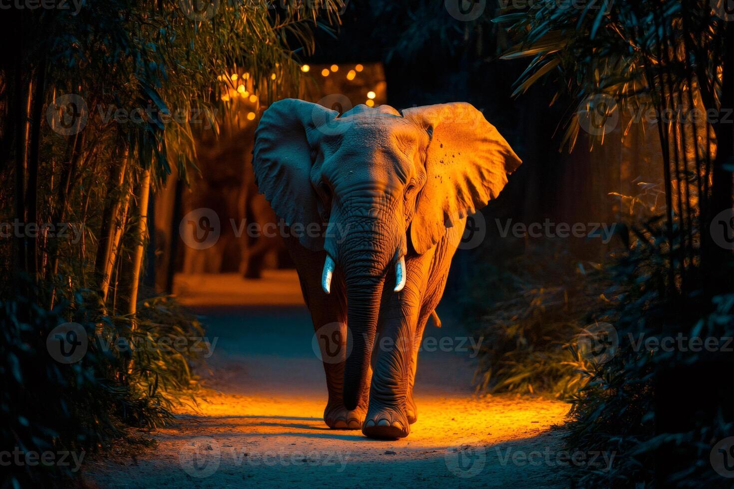 Majestic elephant walking on a path at night in a tropical forest photo