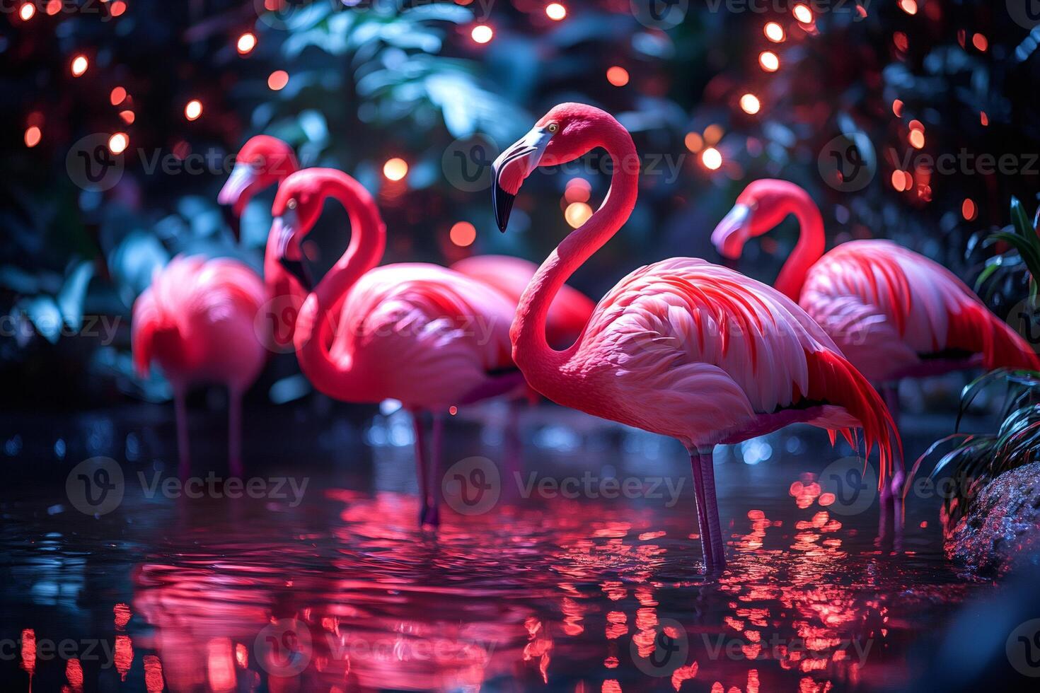 Pink flamingos standing in water with bokeh lights at night photo