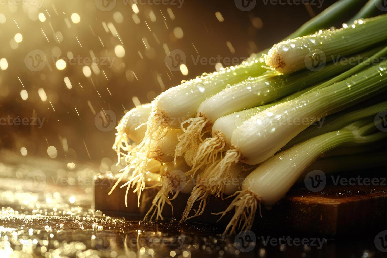 Fresh spring onions getting wet on a cutting board under golden light photo