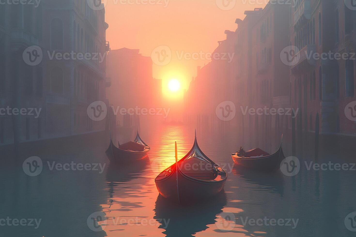 Gondolas floating on Grand Canal during sunrise in Venice photo