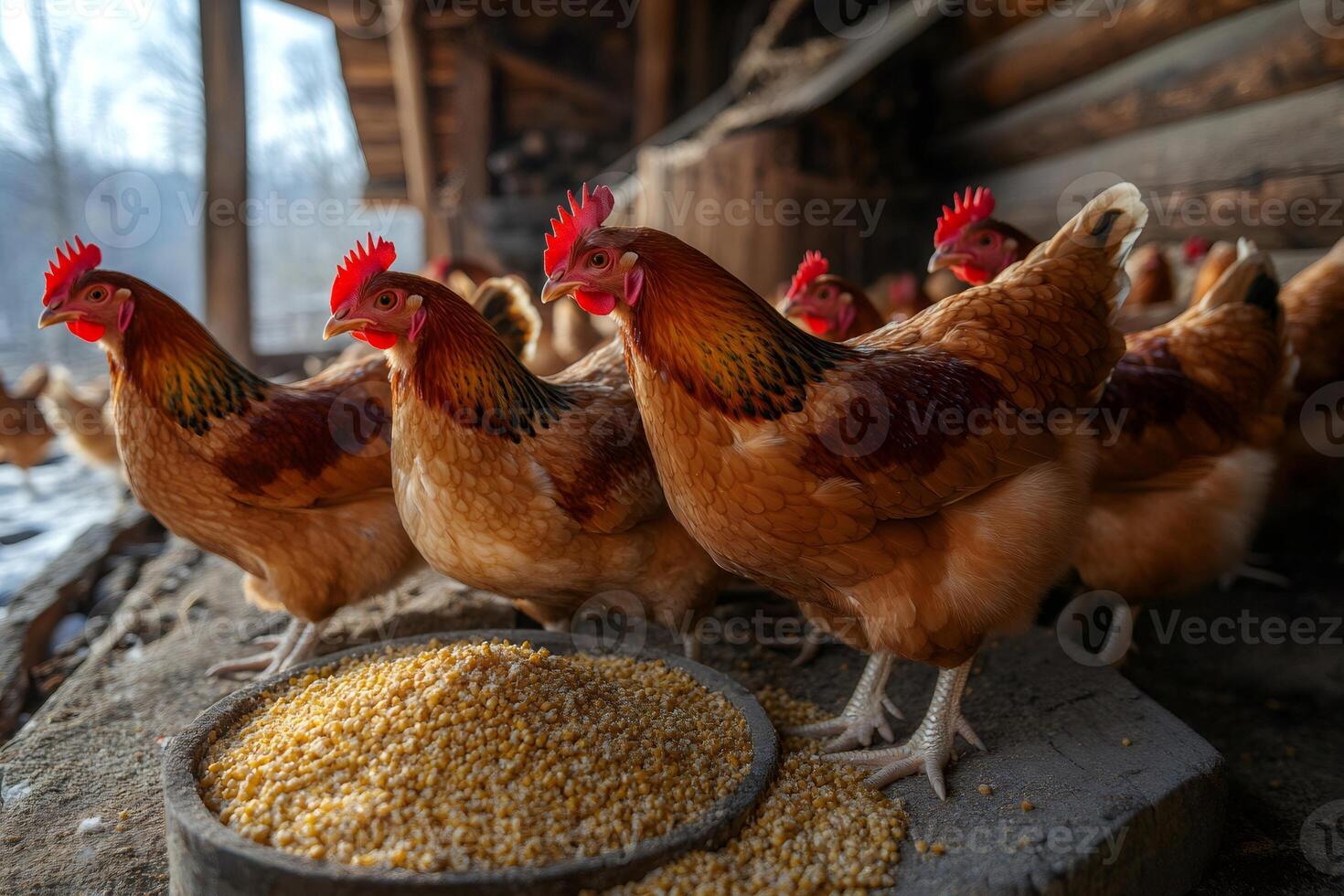 Hens eating corn inside traditional chicken coop photo