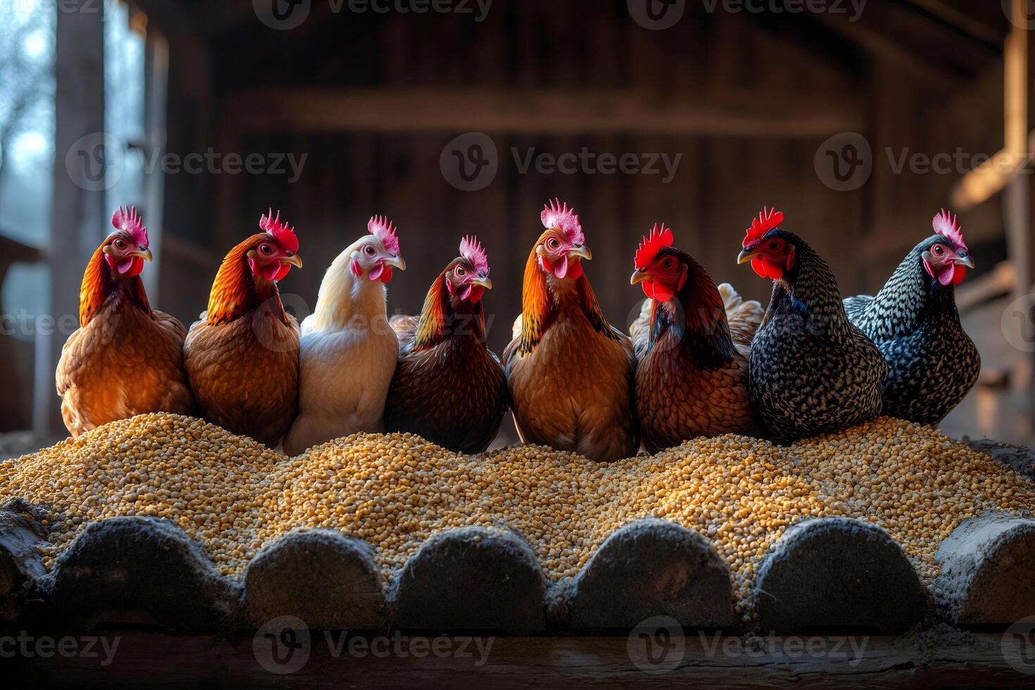 Hens standing on corn kernels in chicken coop photo