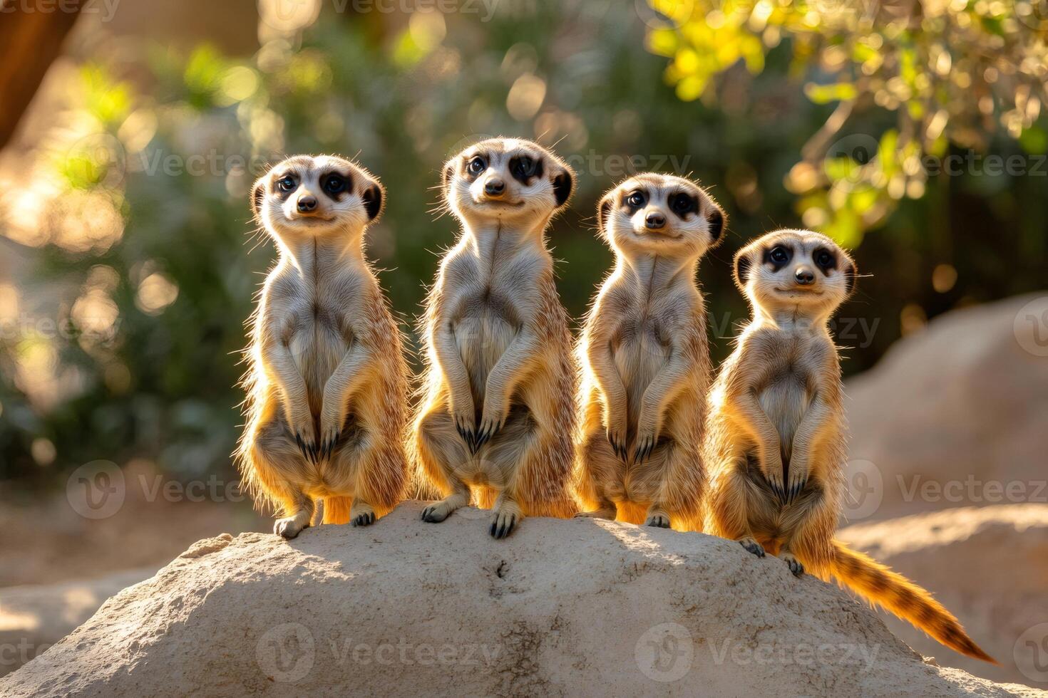 Four meerkats standing up on a rock looking around photo