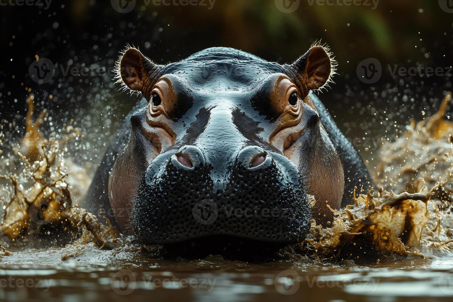 Hippopotamus emerging from muddy water with splashing drops photo