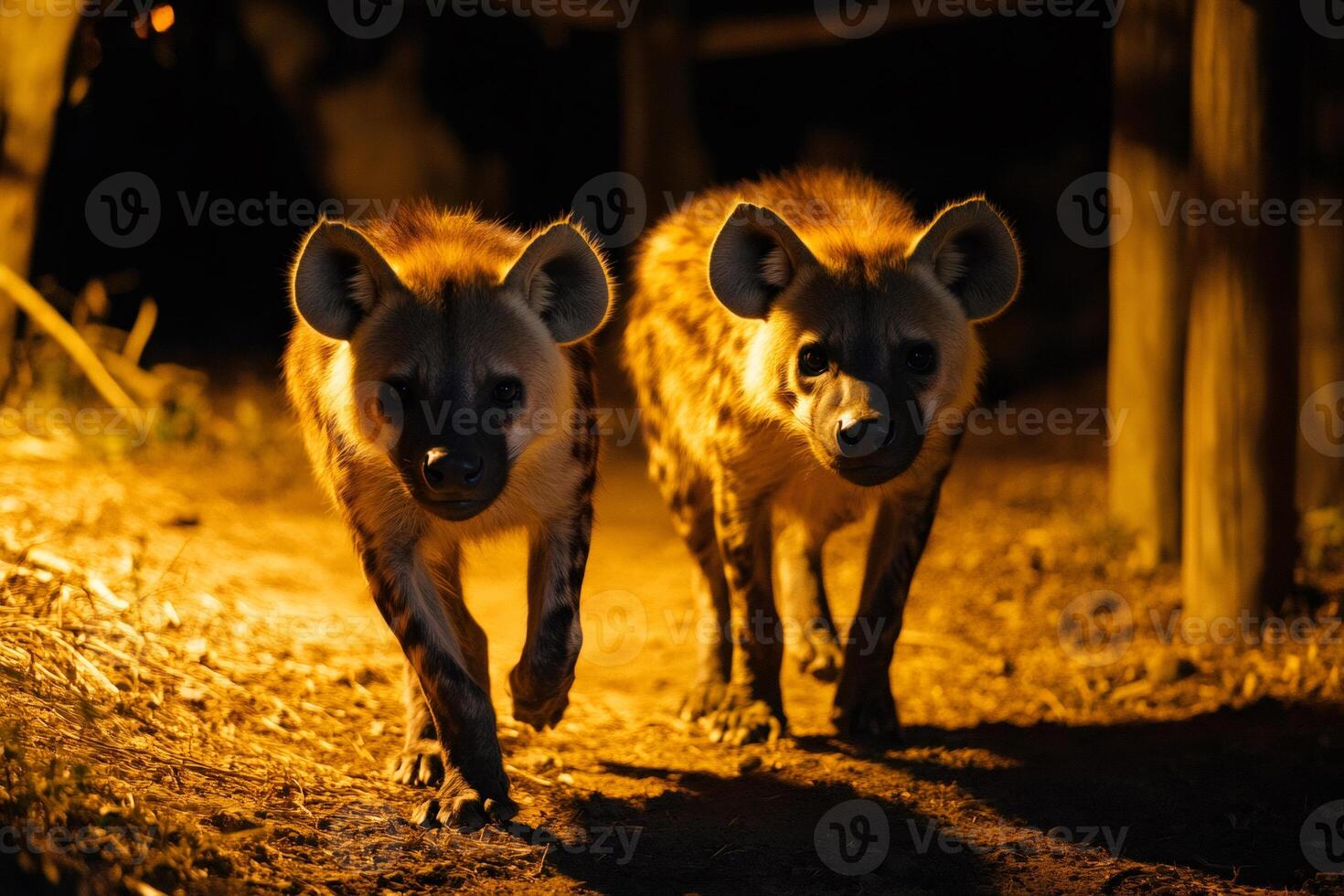 Pair of hyenas walking at night in an illuminated area photo