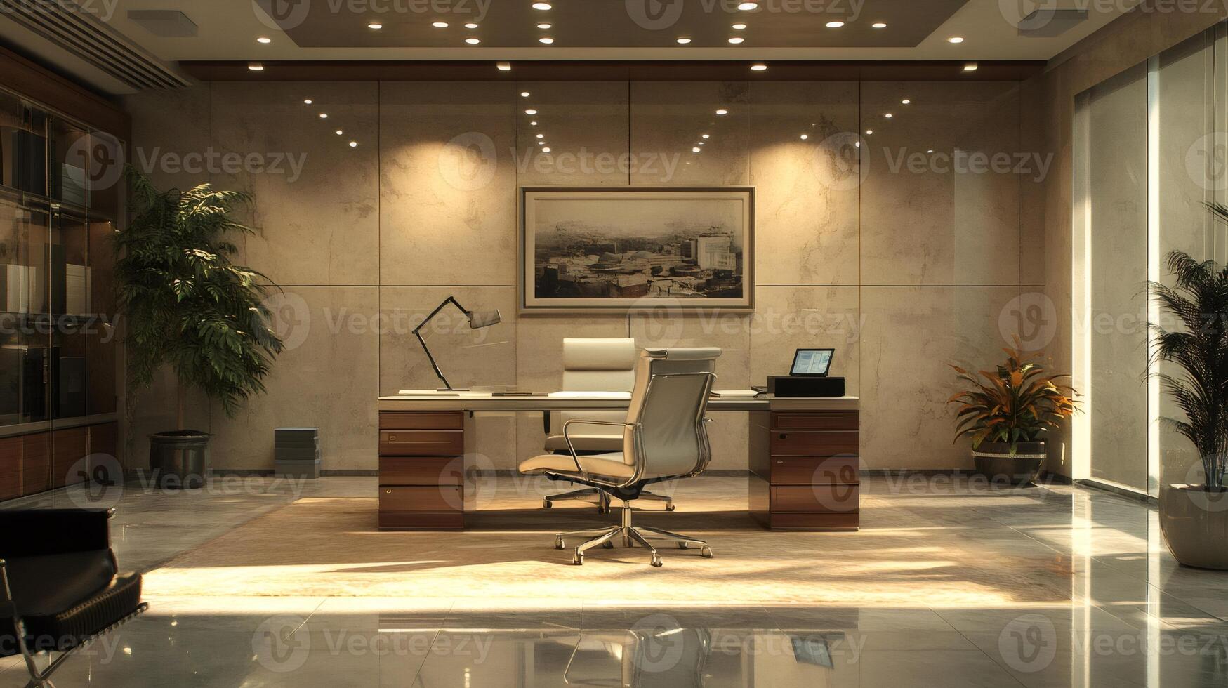 Modern office interior with desk, chair, and city view painting photo