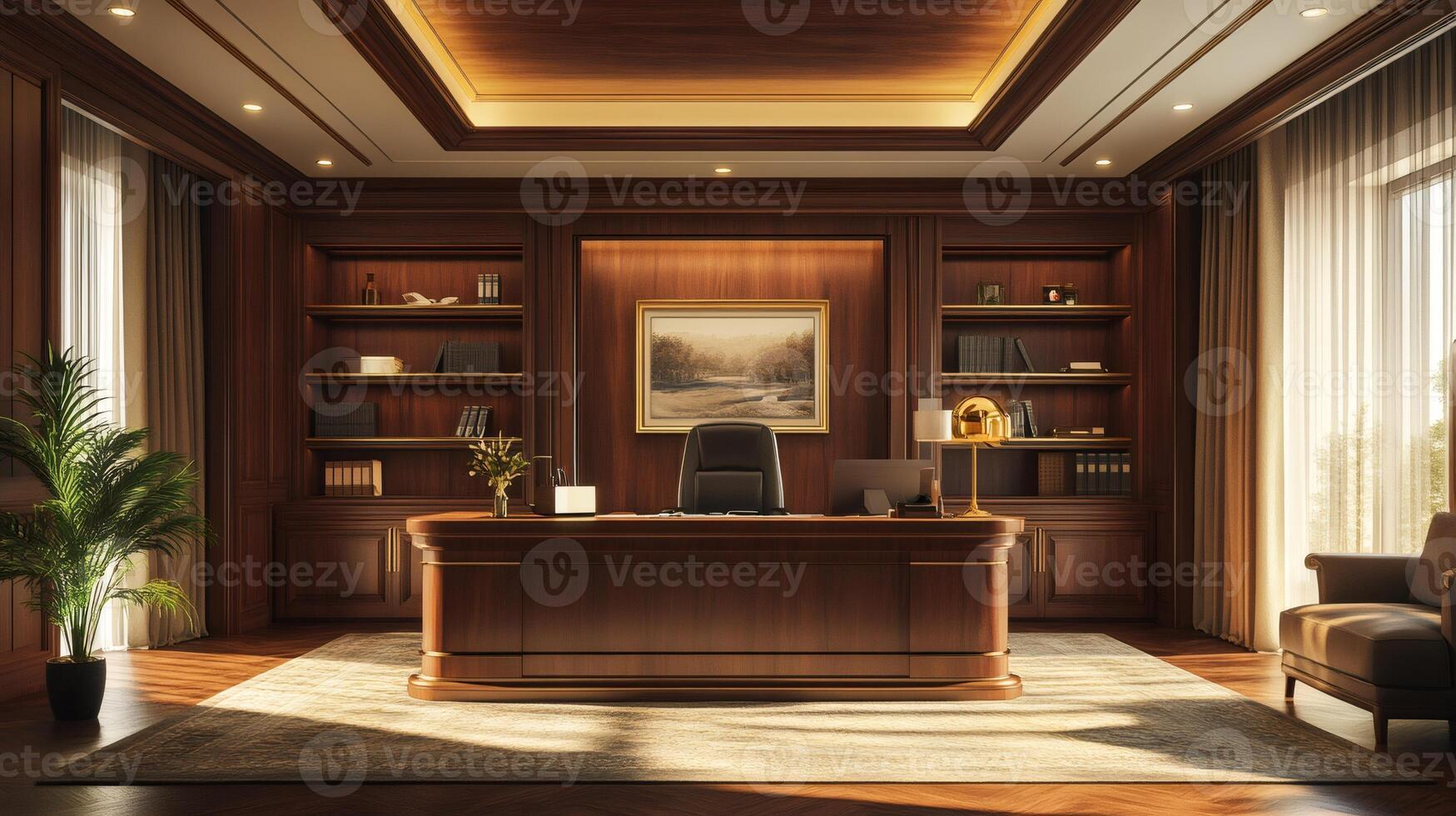Classic luxurious home office interior with wooden furniture and bookcases photo