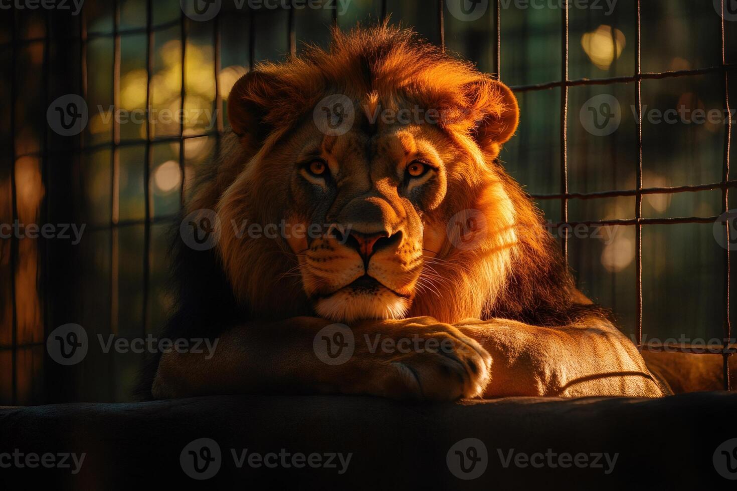 Majestic lion resting behind bars in a zoo, illuminated by warm sunlight photo