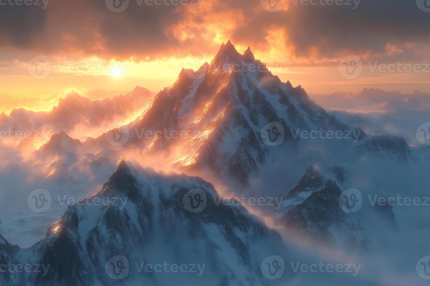 Majestic snow-capped mountain peaks glowing during colorful sunset photo