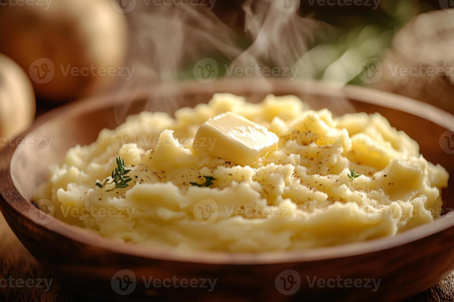 Steaming hot mashed potatoes with melting butter and thyme in a wooden bowl photo