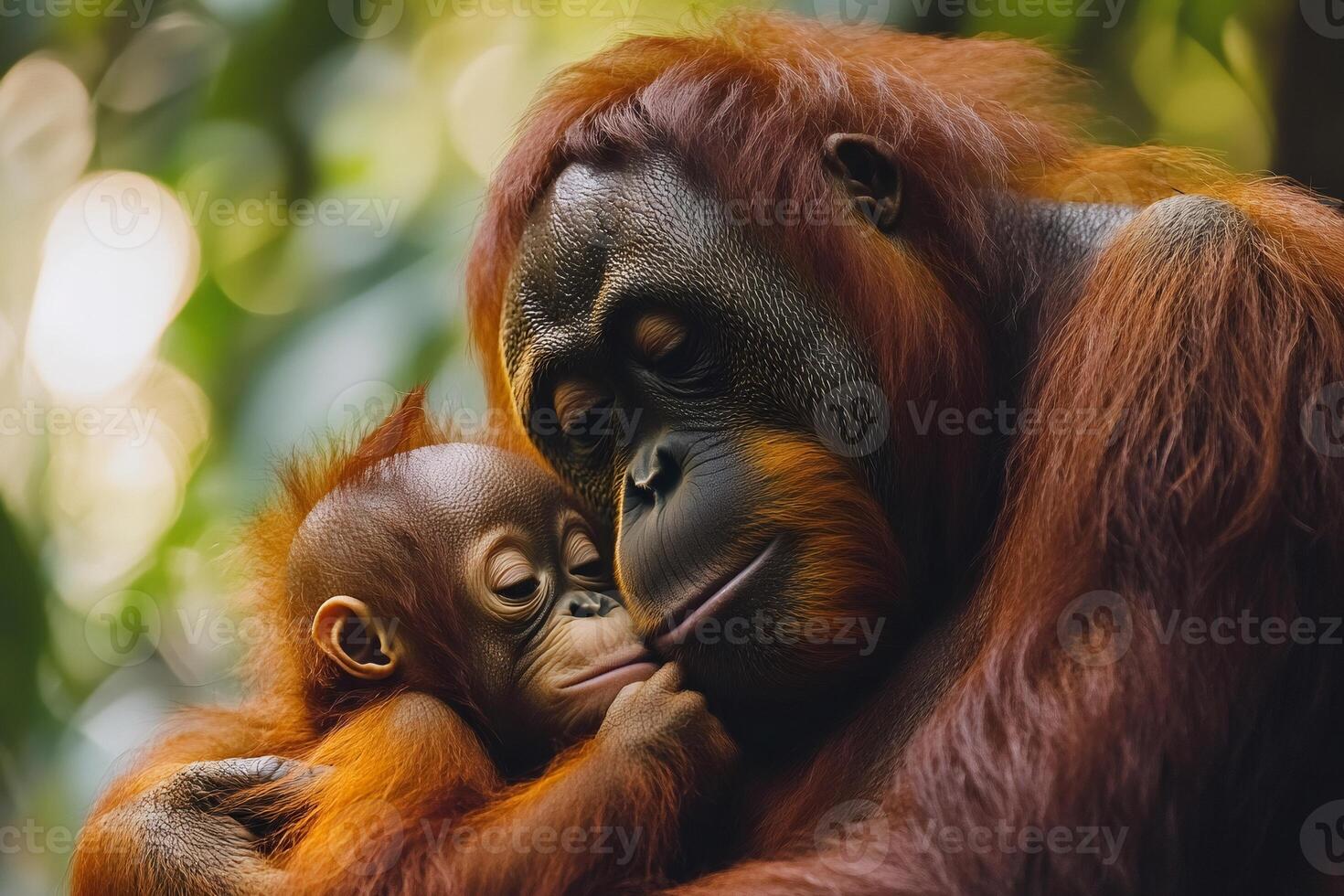 Mother orangutan embracing her baby in the jungle. photo