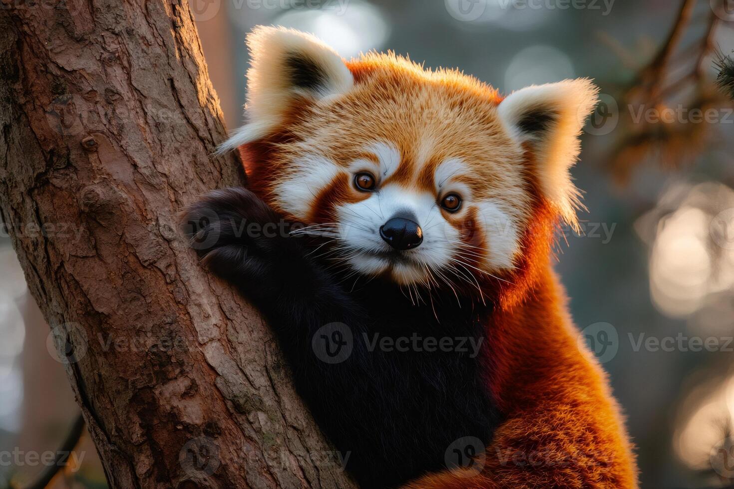Red panda clinging to a tree trunk, illuminated by golden light photo