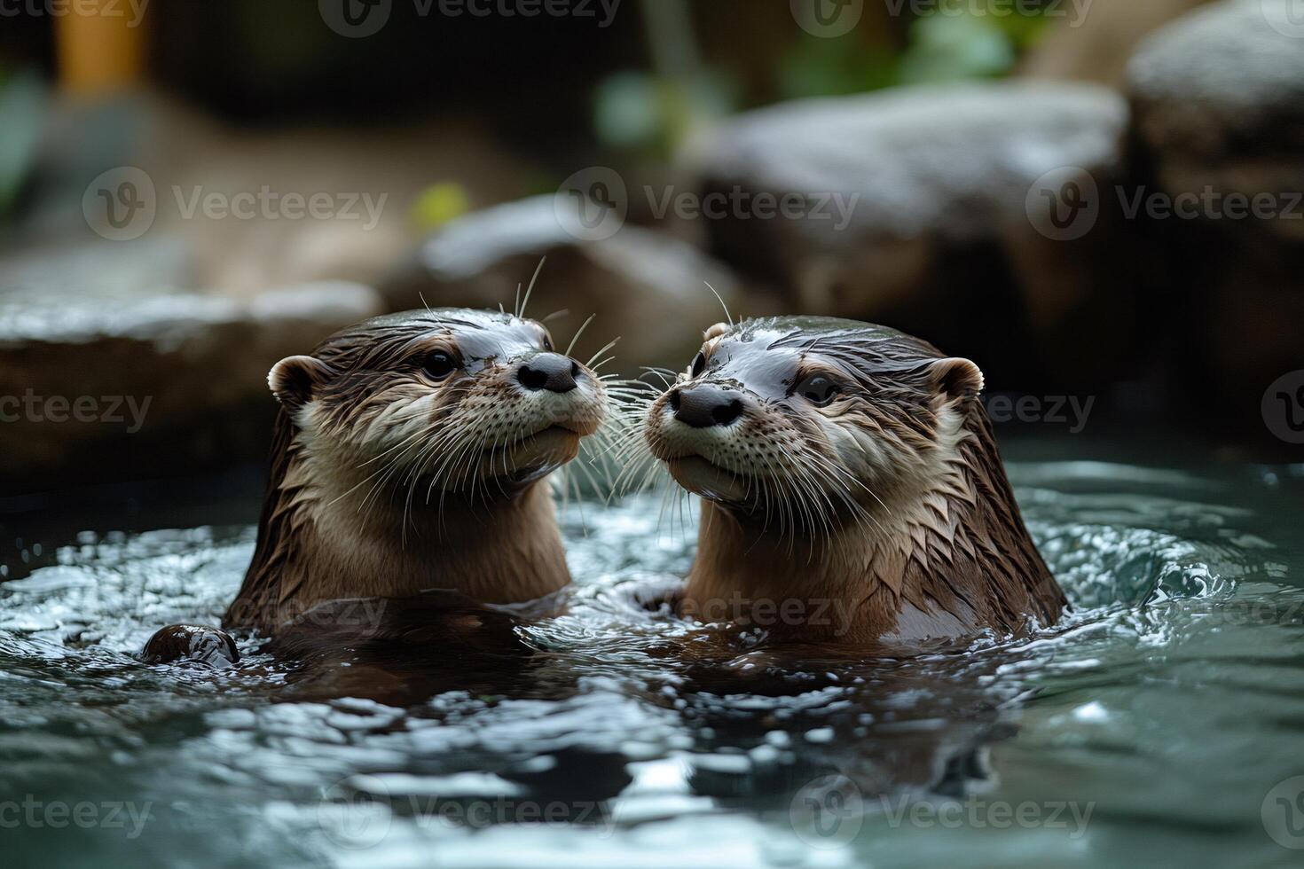 Two Asian Small-Clawed Otters swimming and emerging from water photo