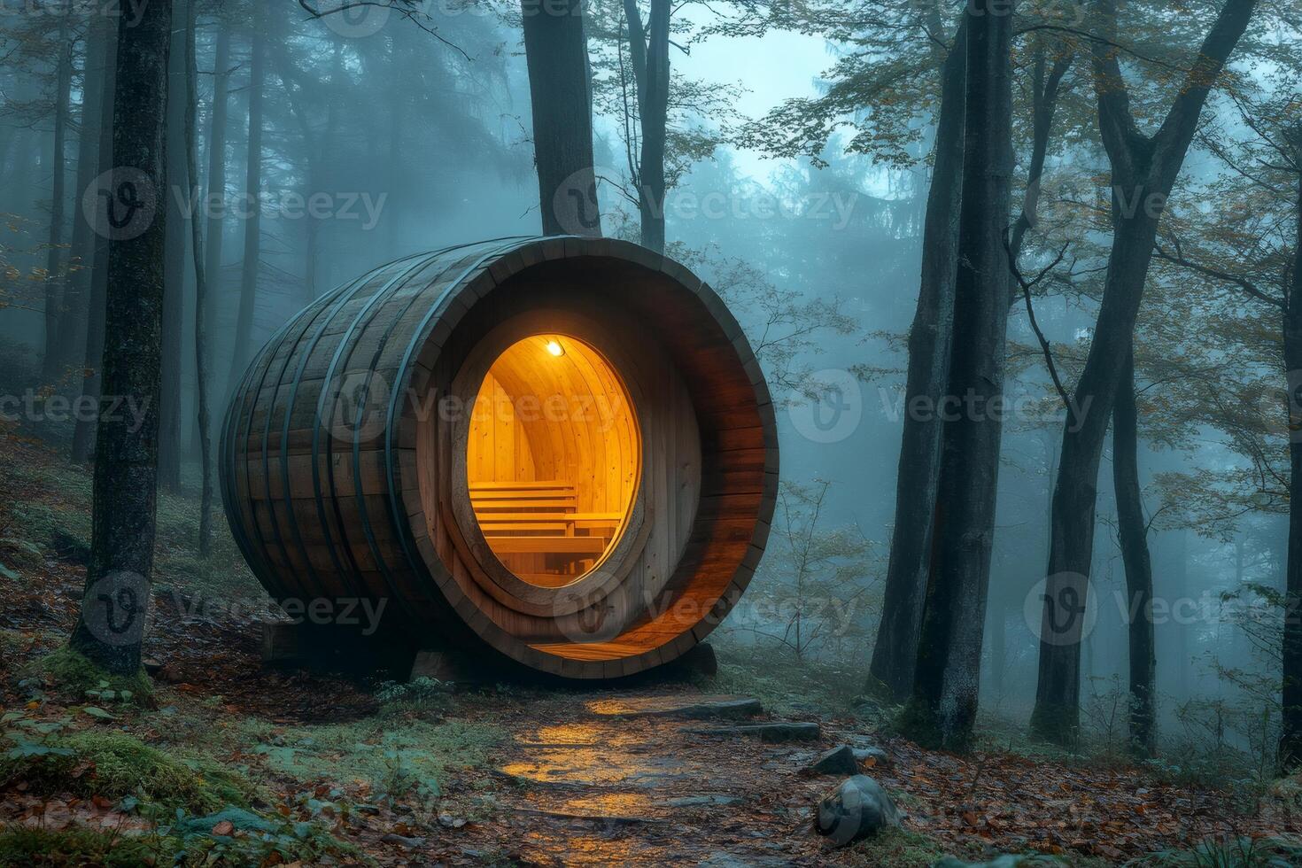 Wooden sauna shaped like a barrel illuminating foggy forest at dusk photo