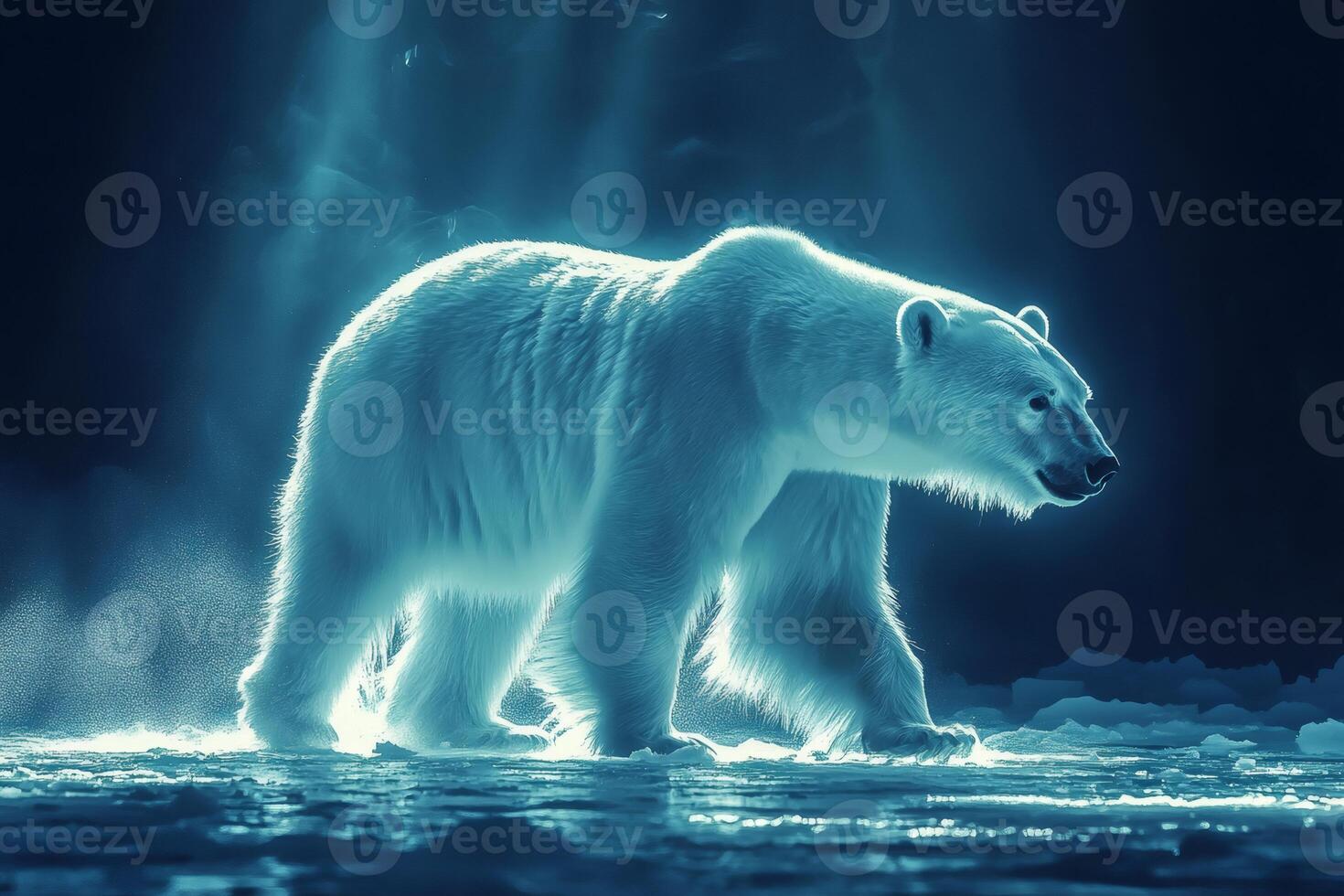 Majestic polar bear walking on ice at night, illuminated by moonlight photo