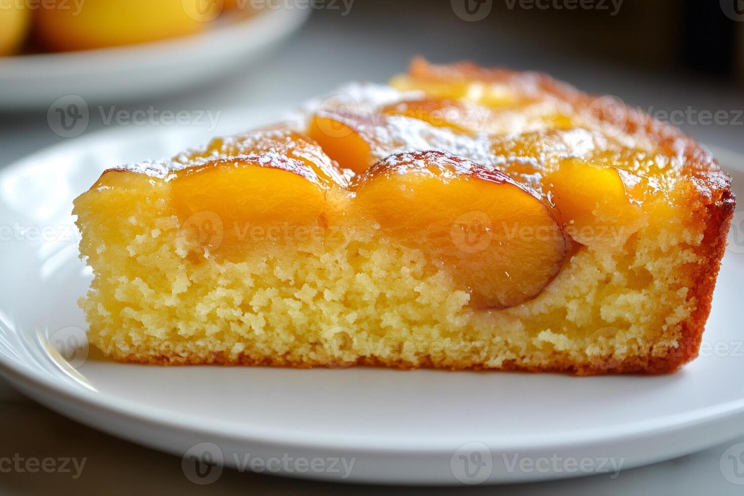 Slice of delicious homemade peach cake resting on white plate photo