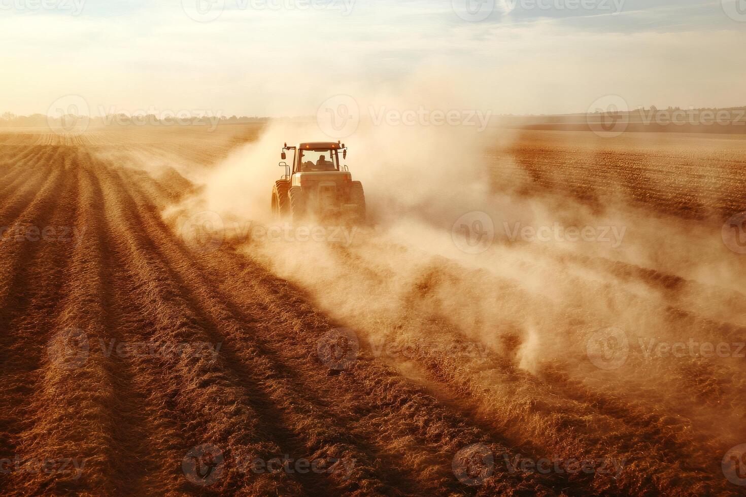 Tractor plowing field and raising dust at sunset photo