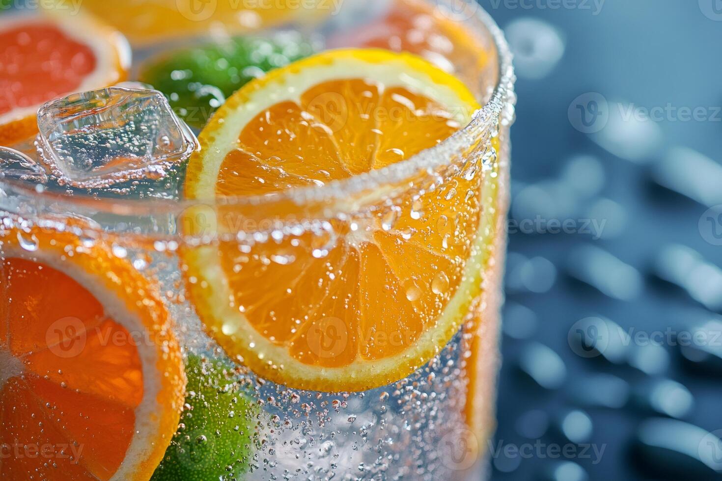 Refreshing citrus fruits and ice cubes floating in sparkling water photo