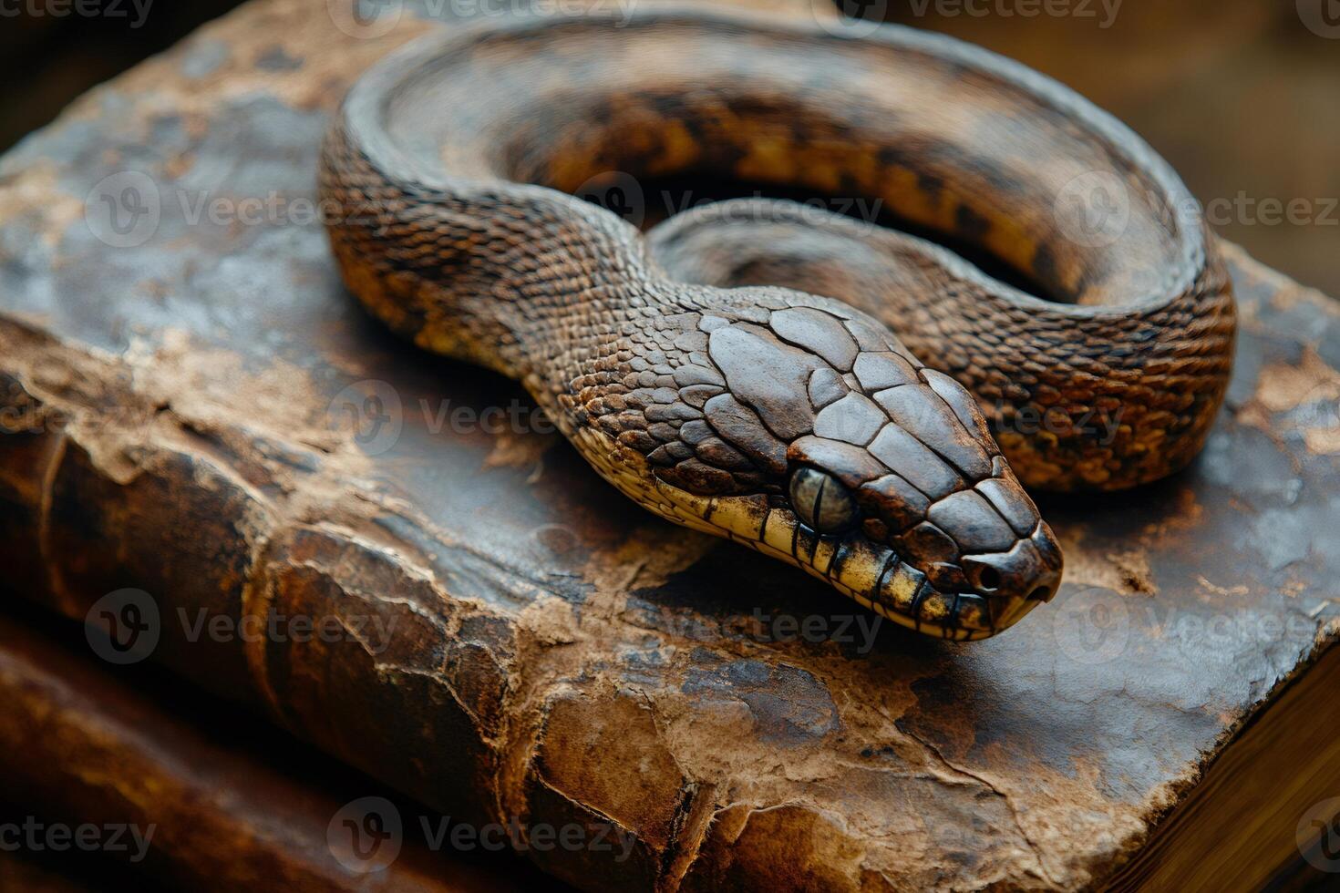 Snake resting on ancient book conveying wisdom and occult knowledge photo
