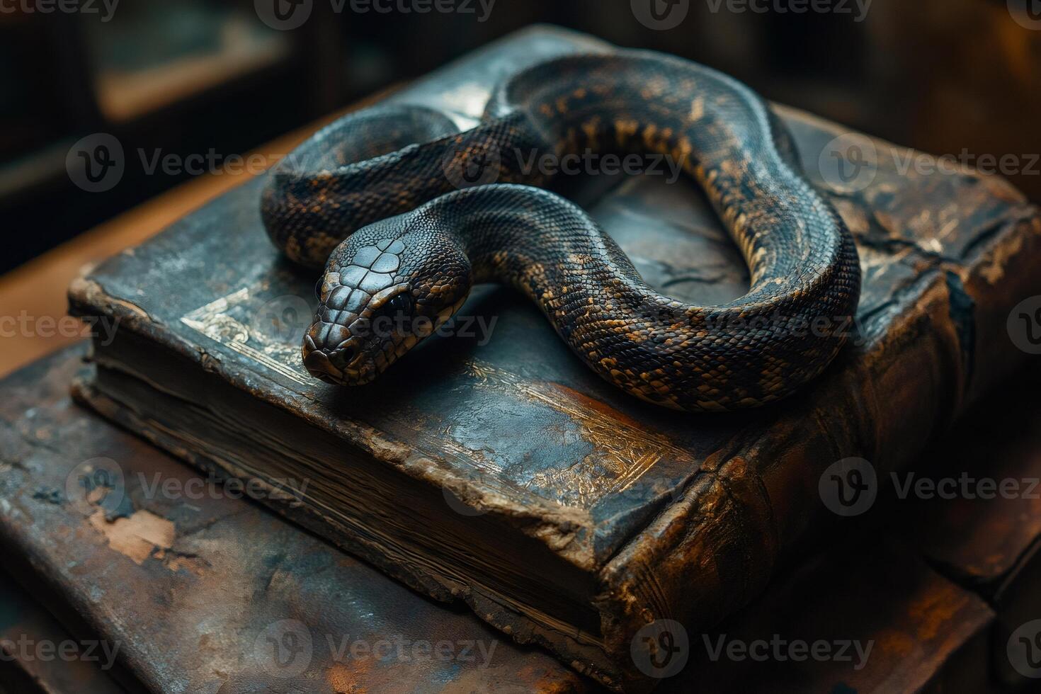 Snake resting on ancient book in a library photo