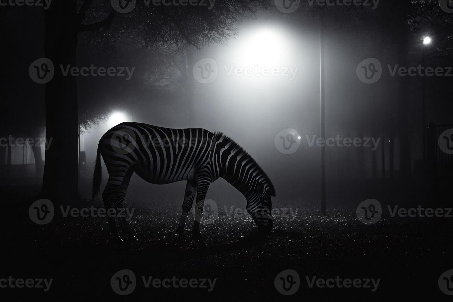 Zebra grazing in the dark foggy park at night under street lights photo