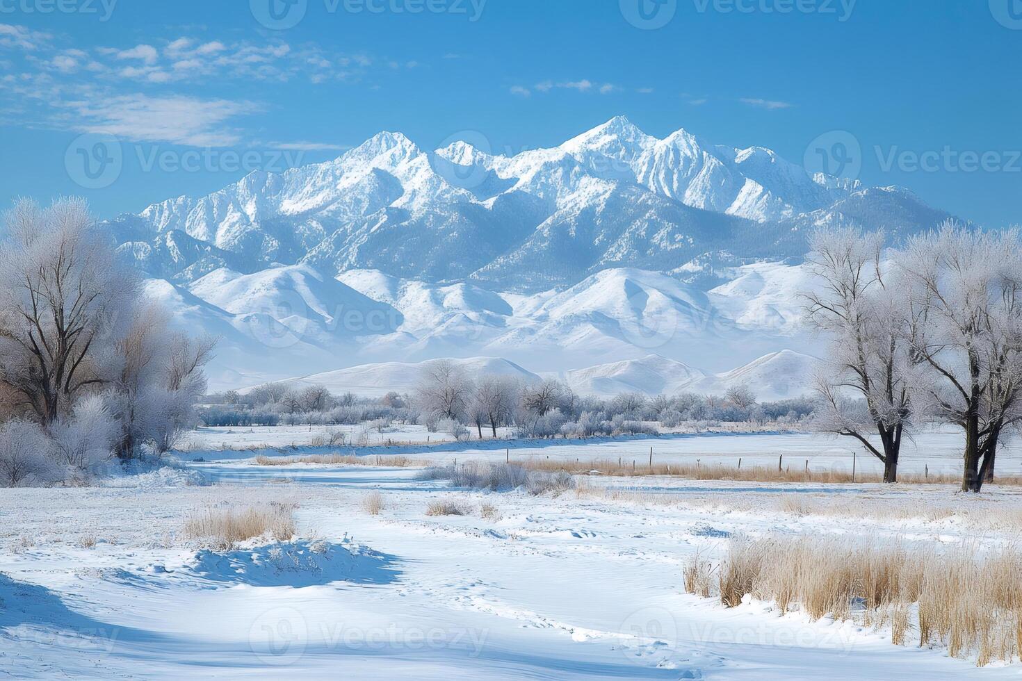 Snowy landscape featuring the Spanish Peaks, in the Sangre de Cristo Mountains, Colorado, on a sunny winter day photo