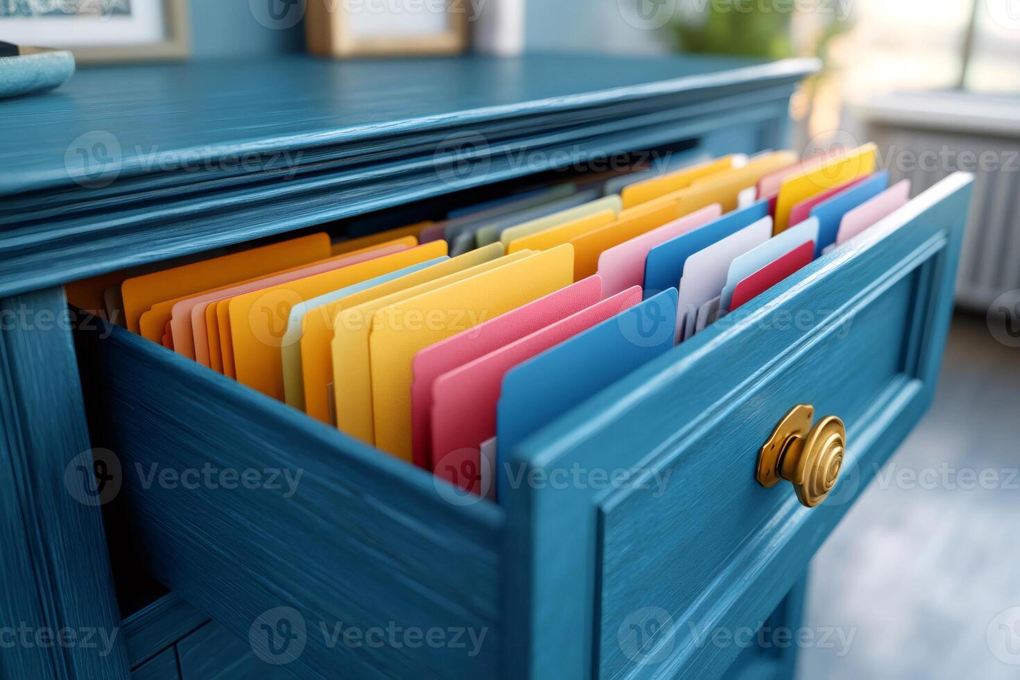 Open drawer revealing colorful files organizing important documents photo