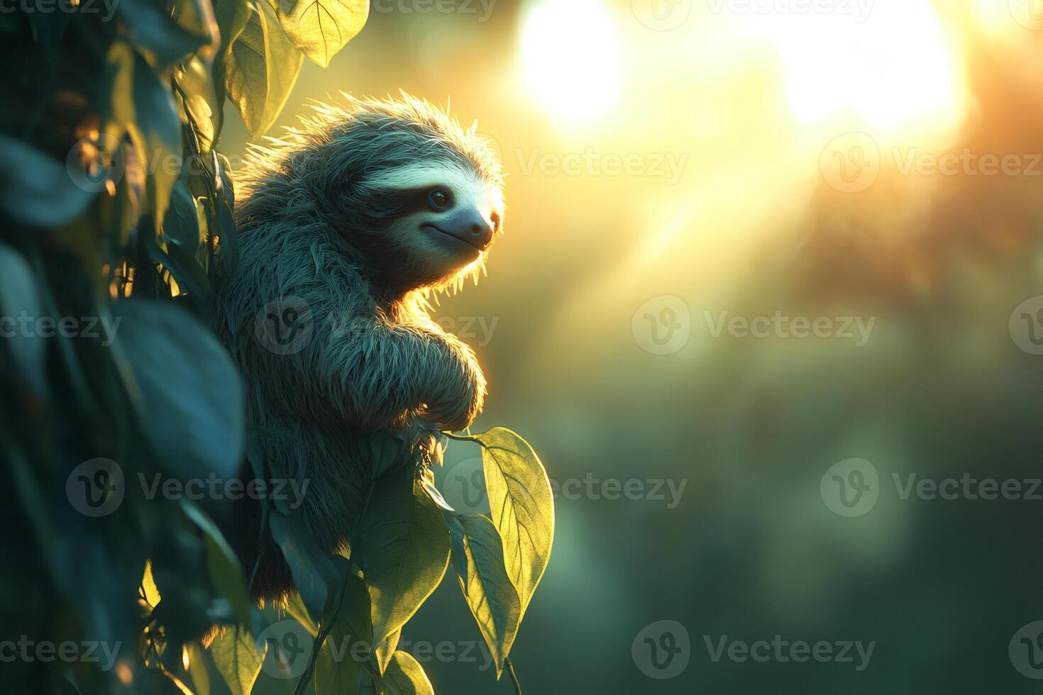 Cute sloth hanging on a tree branch enjoying the sunset in the jungle photo