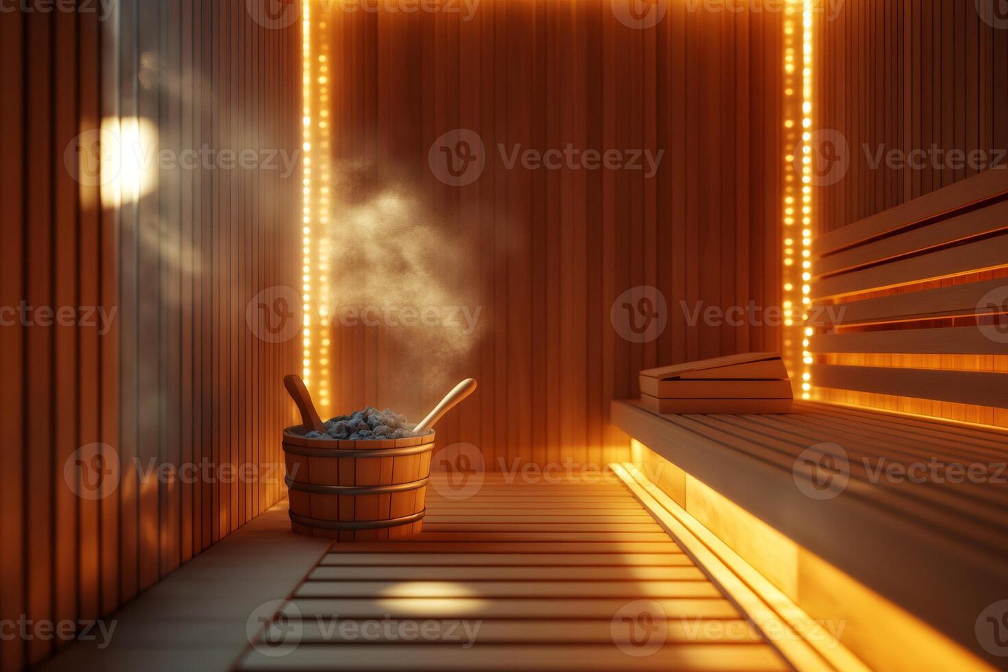 Steam rising from wooden bucket in empty finnish sauna photo