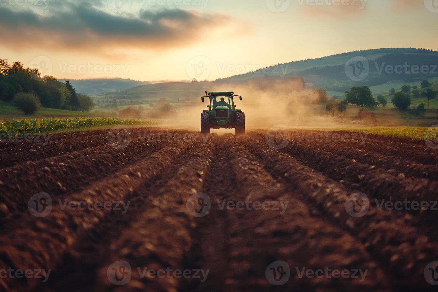 Farmer plowing field with tractor at sunset creating dust cloud photo