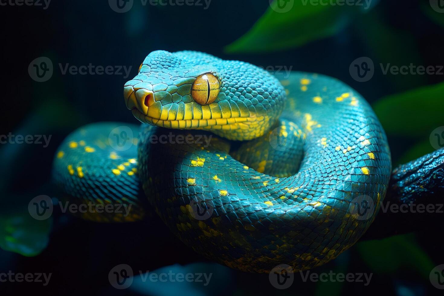 Green tree python coiled around a branch in the tropical forest photo