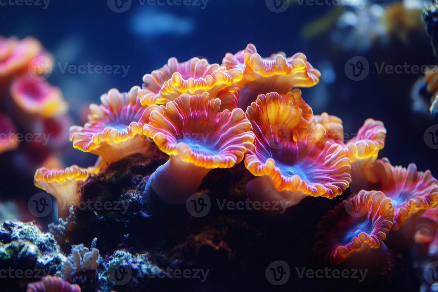 Colorful coral polyps thriving on a rock in the deep ocean photo