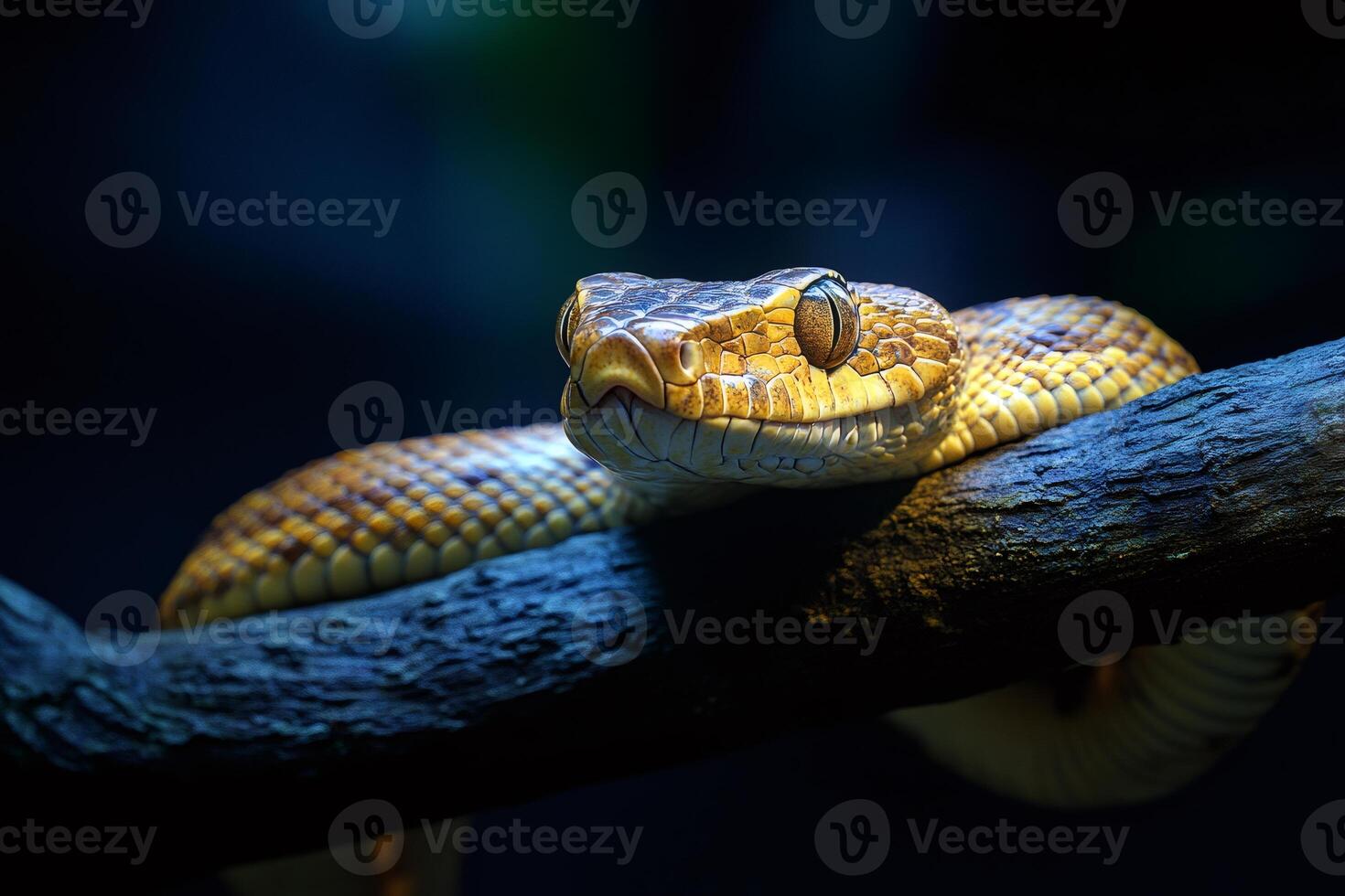 Yellow snake resting on a branch in the dark photo