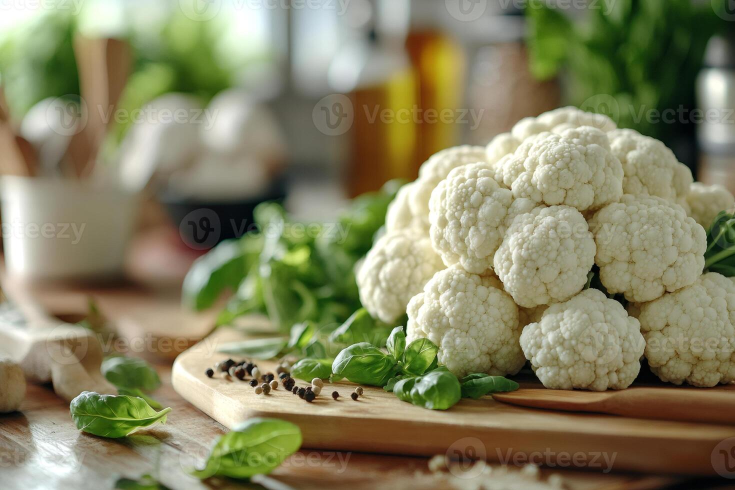 Fresh cauliflower with basil and peppercorns resting on cutting board photo